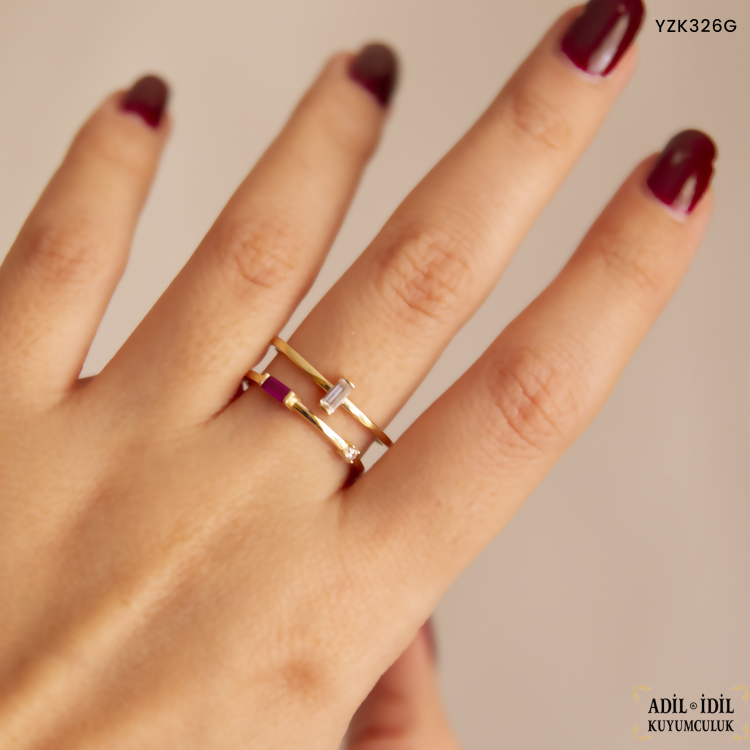 Pembe Taşlı Çift Halka Yüzük