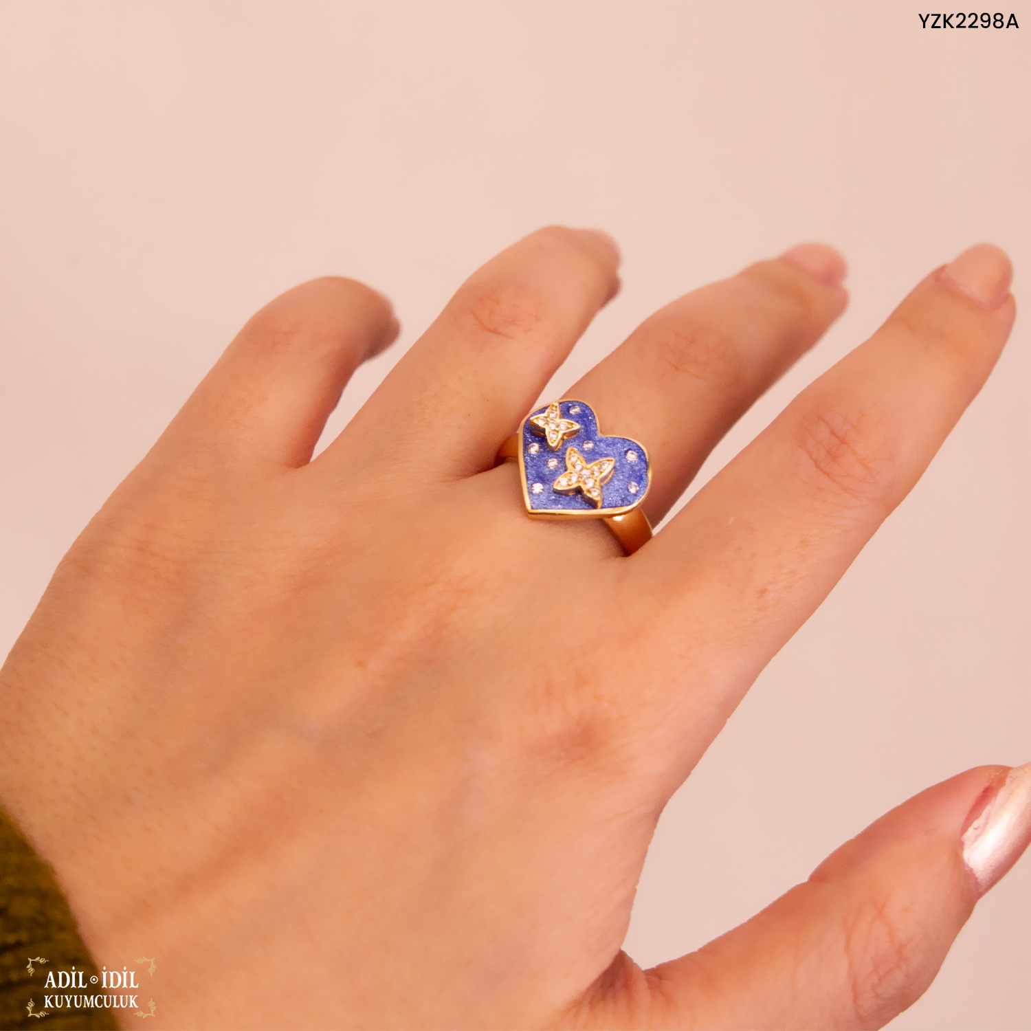 Mavi Renk Kelebekli Taş Detaylı Yüzük