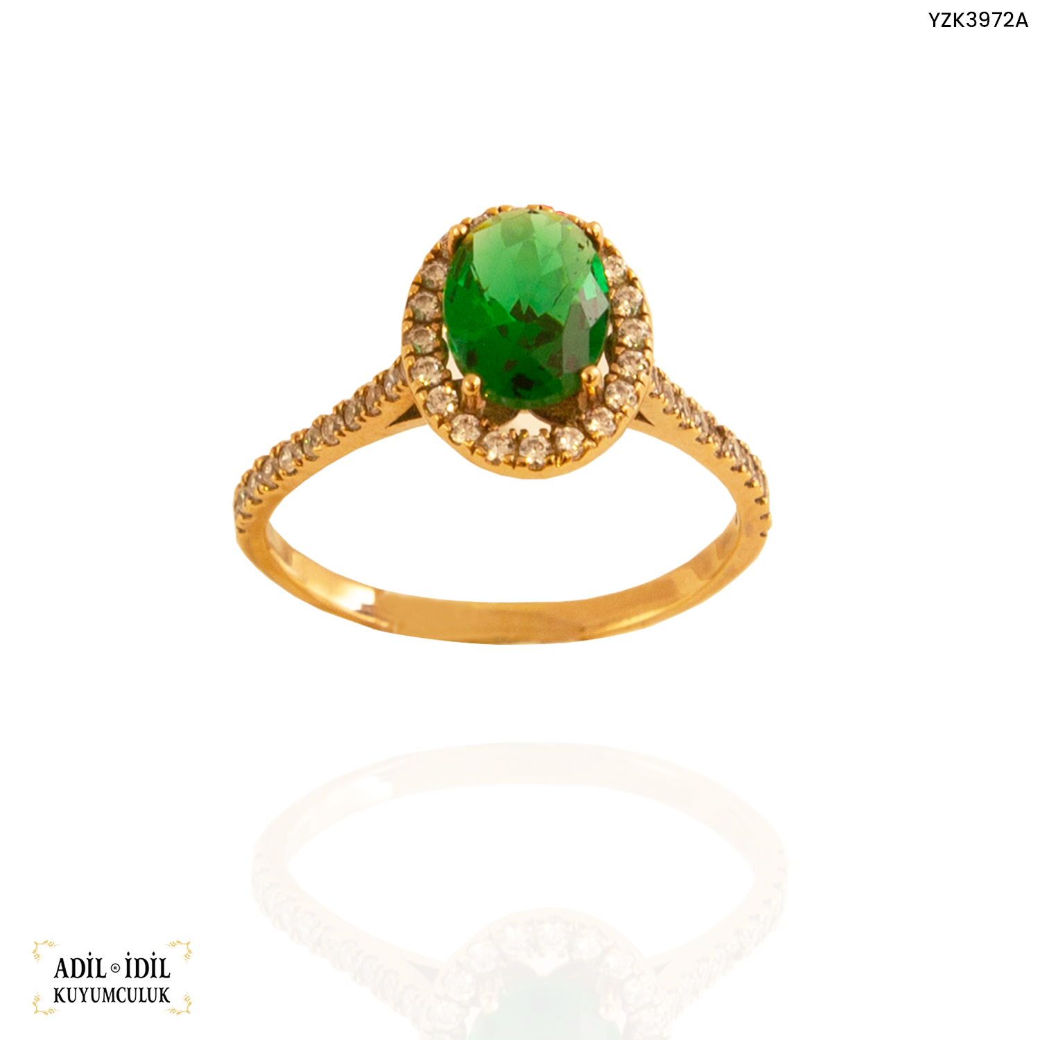 14 Ayar Altın Oval Yeşil Taşlı Yüzük