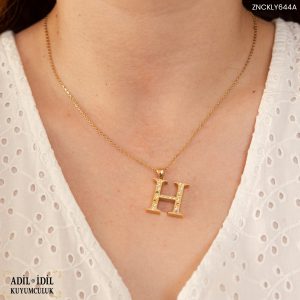 Taşlı 14 Ayar Altın "H" Harfli Kolye